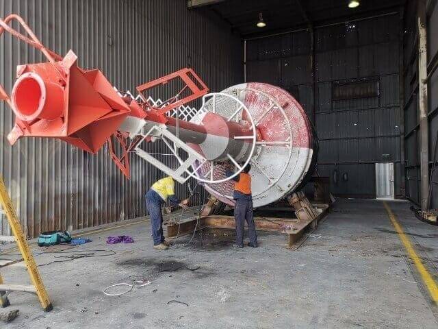 Navigation beacon cleaned back to clean steel with wet abrasive blasting